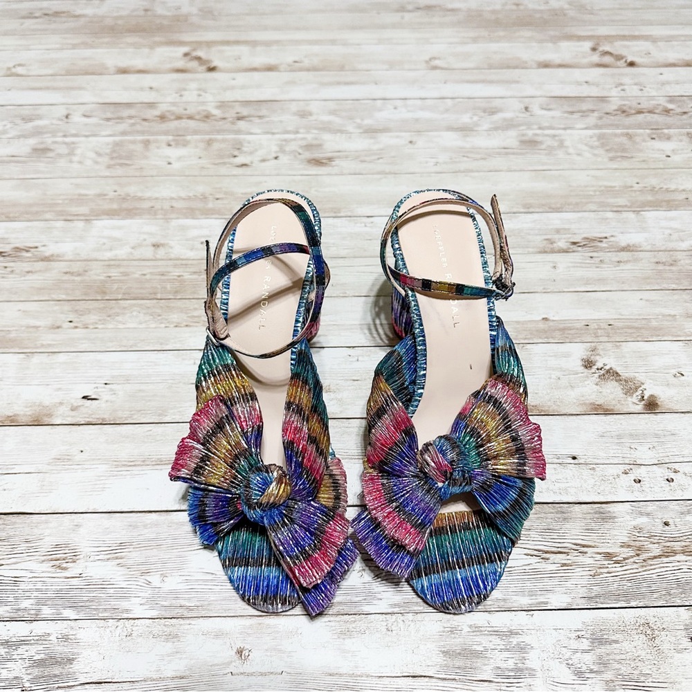 NEW Loeffler Randall Camellia Bow High Heel Sandal Rainbow Metallic Crinkled 8.5 - Picture 8 of 14